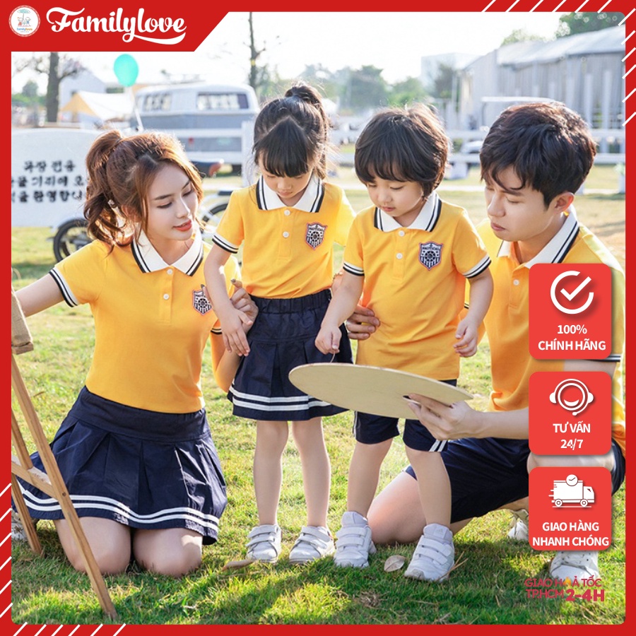 Áo gia đình cổ trụ Familylove - Đồng phục gia đình polo họa tiết logo đơn giản cổ phối sọc chất Da Cá cao cấp siêu mềm m