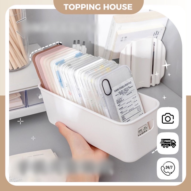 Hộp đựng đồ nhựa đa năng, Khay đựng ốp điện thoại, mỹ phẩm có tay cầm màu trắng tiện dụng cao cấp - Topping House - GD06