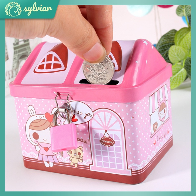 Hộp Thiếc Đựng Tiền Tiết Kiệm Hình Ngôi Nhà Hoạt Hình Dễ Thương Cho Bé