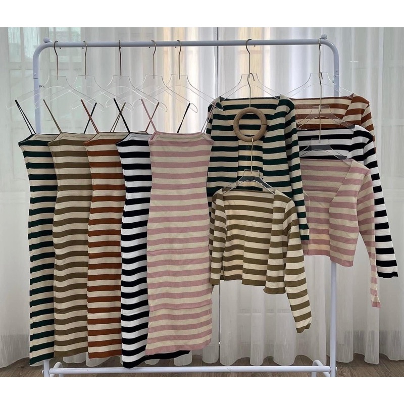 SÉT VÁY LEN KẺ NGANG 2 DÂY KÈM KHOÁC NGOÀI