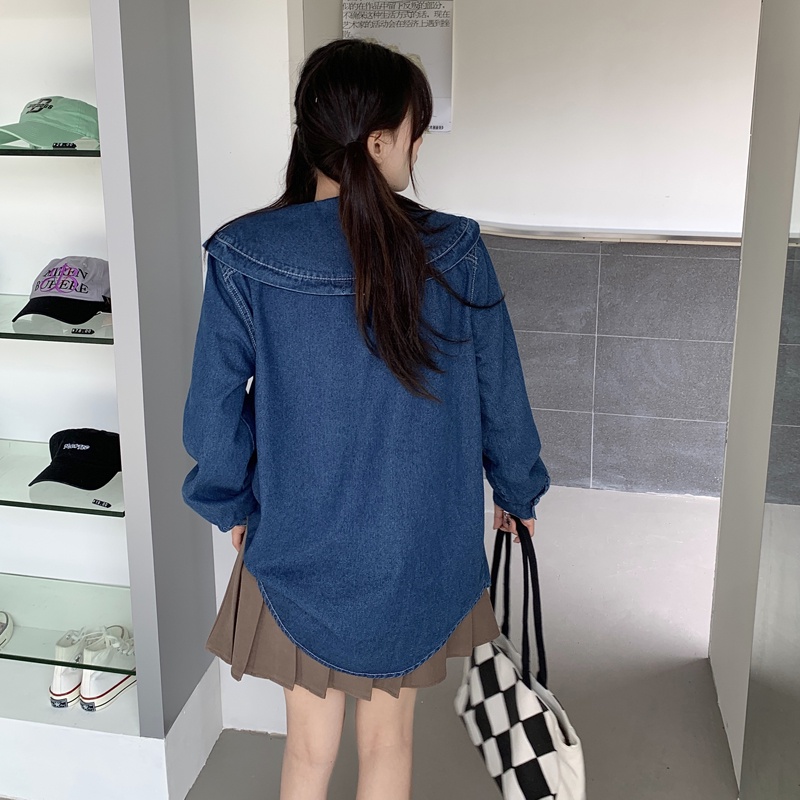 SUXI Áo Sơ Mi Denim Tay Dài Cổ Búp Bê Màu Xanh Dương Phong Cách Hàn Quốc Thời Trang Cho Nữ