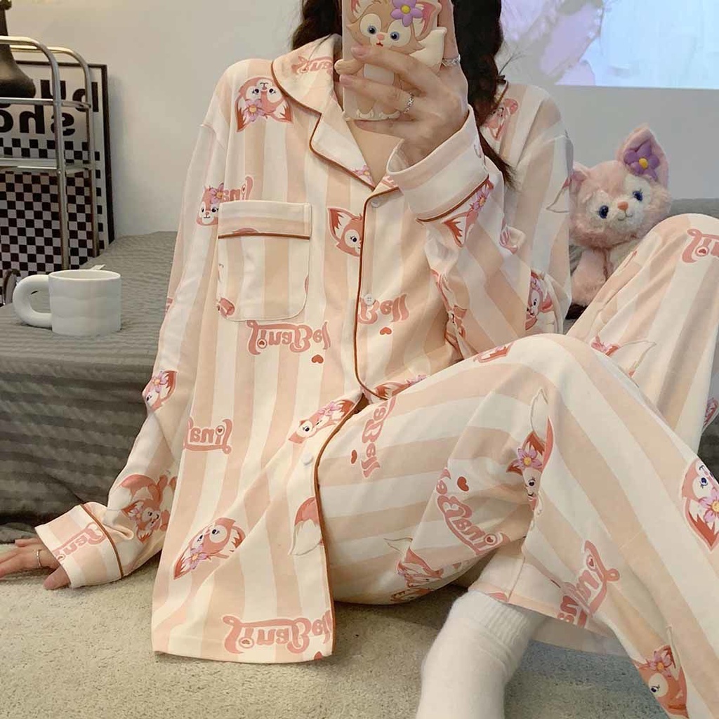 Bán Chạy#Bộ Đồ Ngủ Tay Dài Cổ Bẻ In Họa Tiết Hoạt Hình Dễ Thương Thời Trang Xuân Thu Cho Nữ