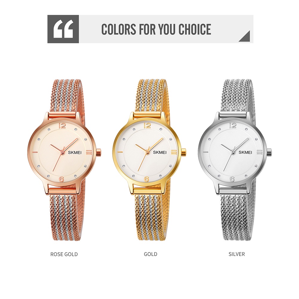 Đồng Hồ Quartz Nữ Đính Hột Xoàn Dây Thép Không Gỉ Màu Vàng Hồng SKMEI