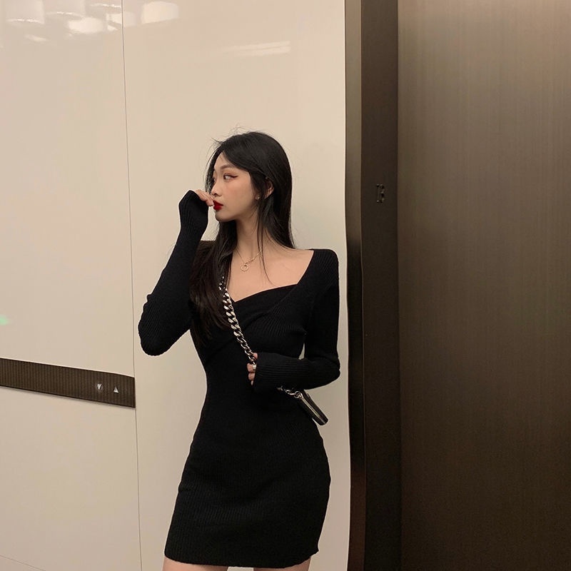 IELGY Đầm Dệt Kim Tay Dài Dáng Ôm Màu Đen Phong Cách Hàn Quốc Thời Trang Cho Nữ