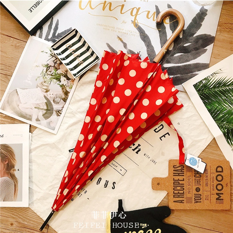 Dù Tự Động 12 Xương Họa Tiết Chấm Bi Tay Cầm Dài Màu Trơn Phong Cách Hàn Quốc Dành Cho Nam Nữ