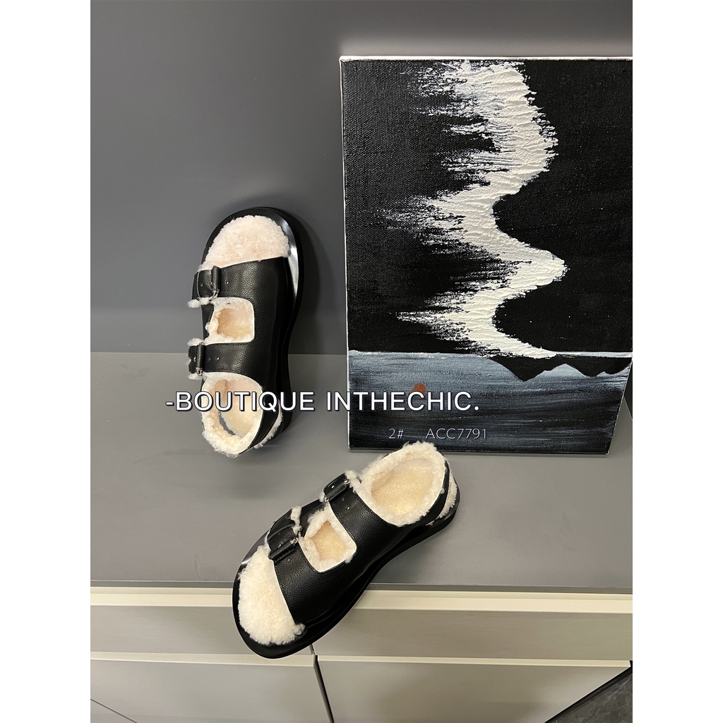 Giày sandal đế dày phối vải lông ấm áp thời trang thu đông dành cho nữ