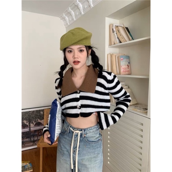 Áo len dệt kim croptop sọc có cổ Áo len cardigan thiết kế mùa thu