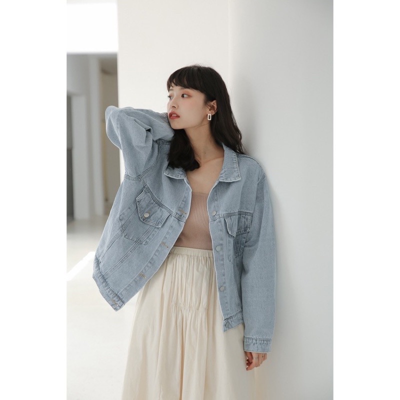 Áo Khoác Denim Xanh Nhạt Tay Dài Dáng Rộng Phong Cách Retro Hàn Quốc