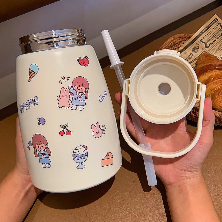 Bình nước giữ nhiệt cute có sticker và ống hút kiểu dáng dễ thương - Bình giữ nhiệt sticker 900ml cho bé inox 304 xịn  h