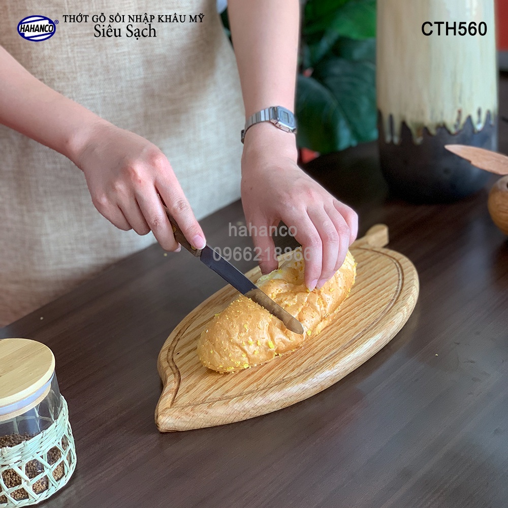 Thớt gỗ sồi nhập khẩu Mỹ (OAK) hình lá, có rãnh bao quanh - Xuất Khẩu Châu Âu- CTH560