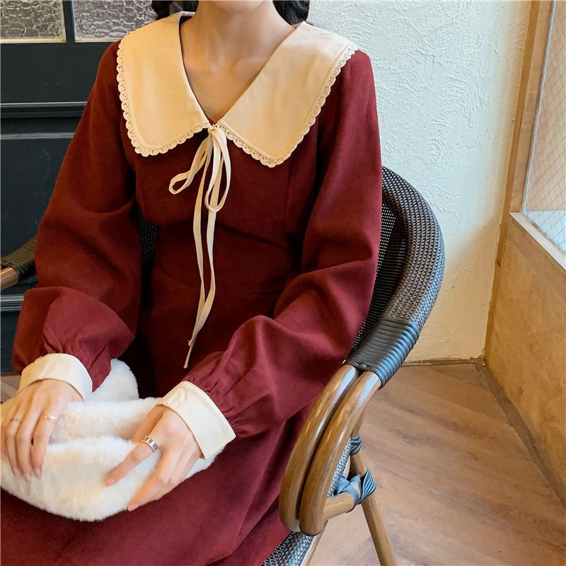 Đầm Midi Tay Dài Cổ Peter Pan Cột Dây Phong Cách Hàn Quốc Ngọt Ngào Thời Trang Cho Nữ