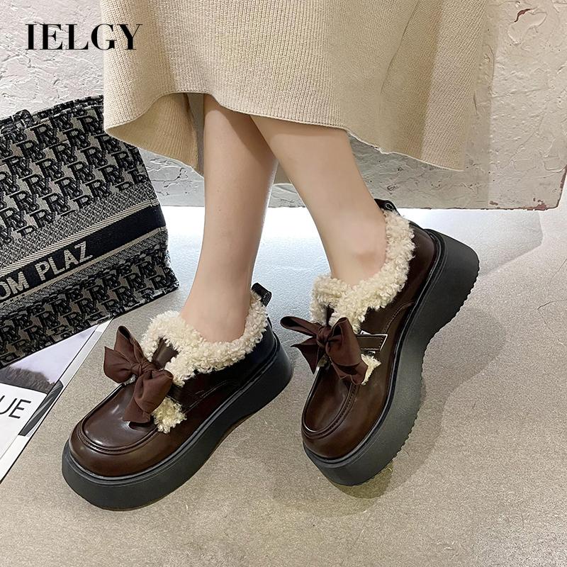 Giày Da Lót Lông Cừu Mũi Tròn Phong Cách Anh Quốc Thời Trang Cho Nữ