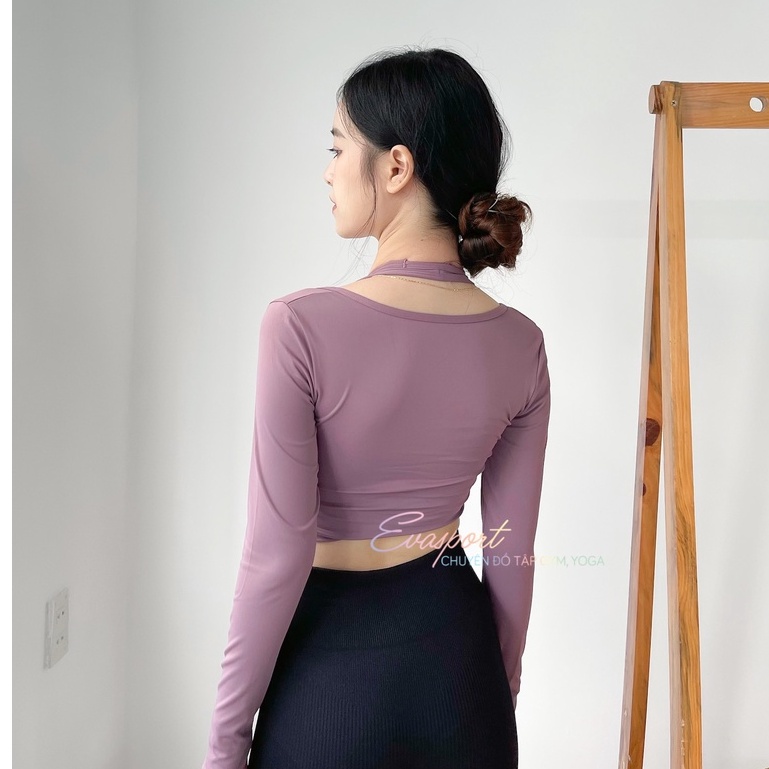 Áo Tập Gym, Yoga, Aerobic Nữ Tay Dài Trước Ngực Kèm Bra, Áo Mùa Lạnh 2 Lớp, Thể Thao, Ôm Body Co giản Evasport
