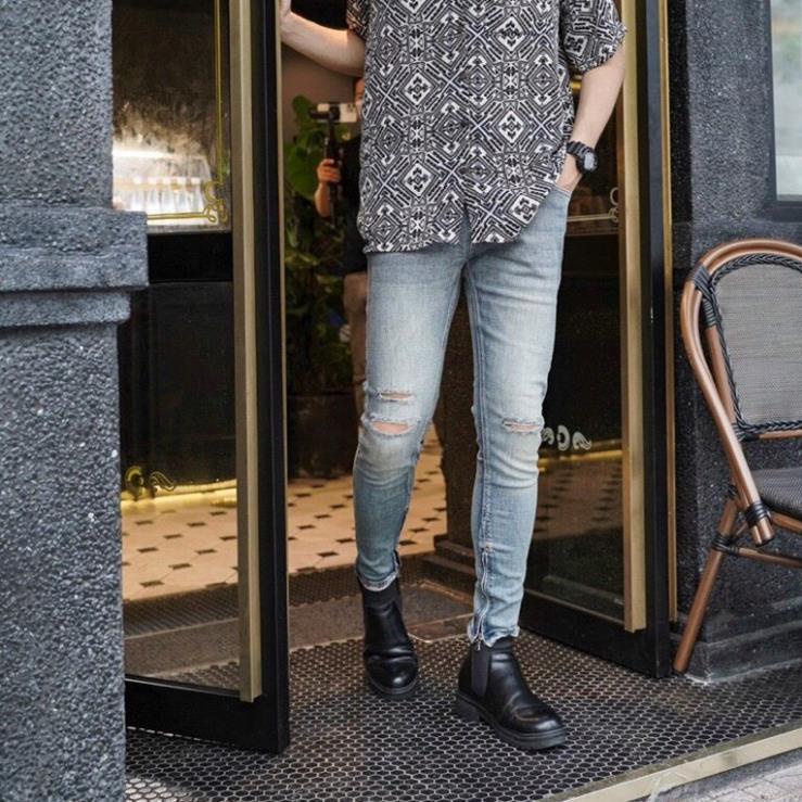 Quần jean nam Streetwear DATINO xanh rách gối form Skinny co giãn ống khóa Zipper, bền màu ❕