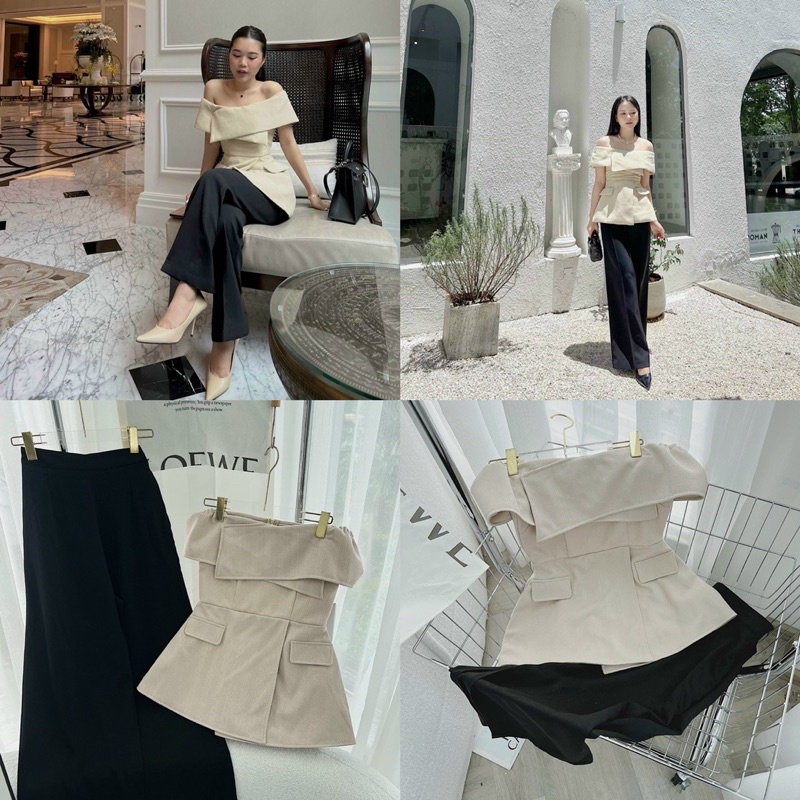 SET ÁO NUDE LỆCH VAI ĐẮP + QUẦN SUÔNG ĐEN