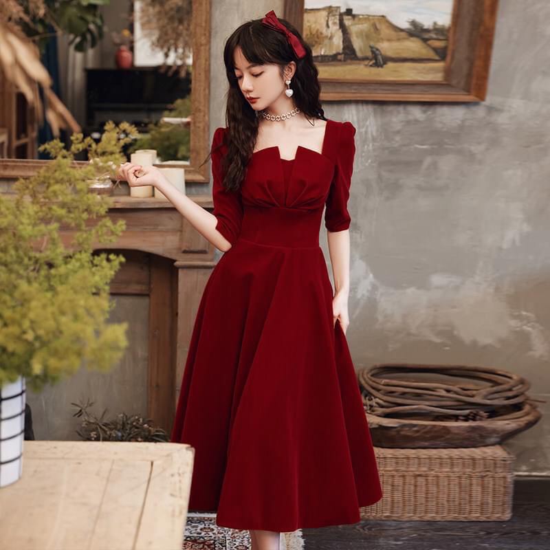 Xả Kho Váy Nhung Đỏ Tiểu Thư, Dáng Tay Lỡ, Xếp Ngực Xinh Xắn