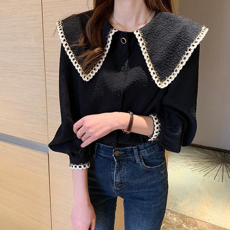 IELGY  Áo Sơ Mi Dài Tay Cổ Chữ v Thời Trang Theo Phong Cách Hàn Quốc Dành Cho Nữ