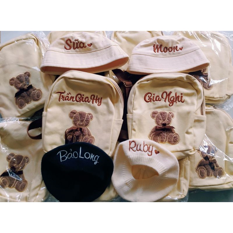 Mũ Bucket may quai sẵn thêu tên cho bé đủ 4 màu size từ bé đến ng lớn, inbox đổi hình thêu
