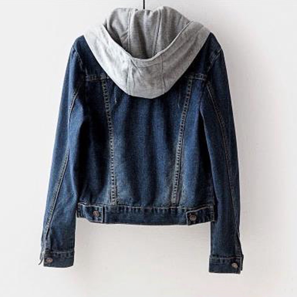 Áo Khoác Jean Tay Dài Có Nón Cài Nút Thời Trang Đường Phố Cho Nữ