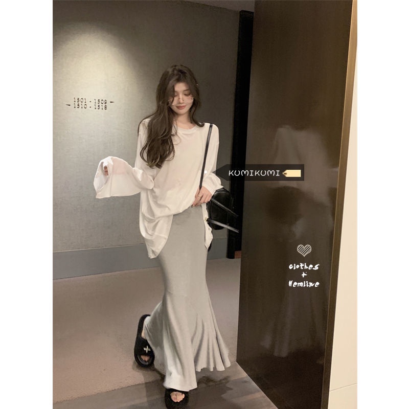 Đầm Thun Đuôi Cá Tay Dài Chống Nắng Dáng Rộng Xẻ Tà Nhẹ Nhàng Thời Trang Mùa Hè Dành Cho Bạn Nữ @ -