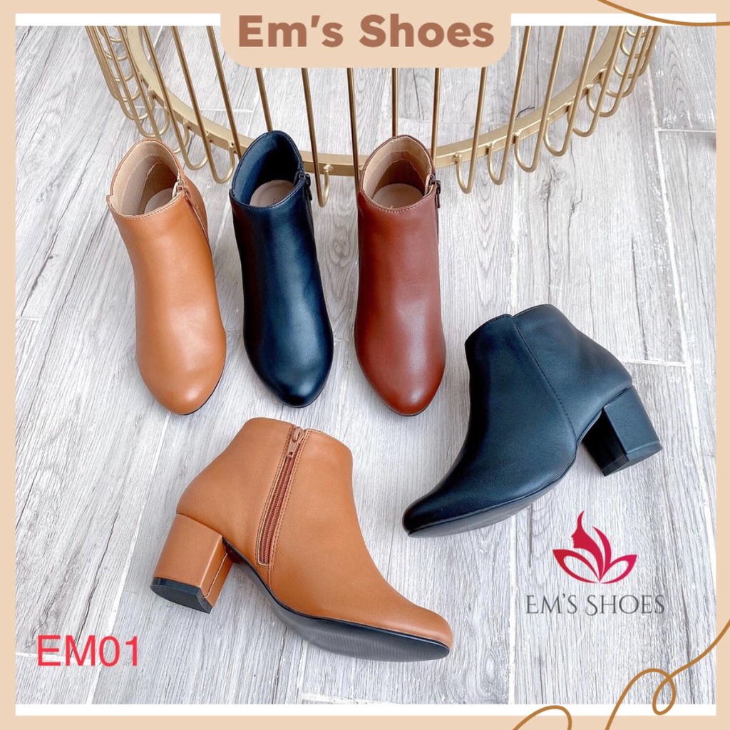 Giày boot nữ gót vuông cao 5cm chất da cao cấp thời trang sang trọng EM01 - Em’s Shoes