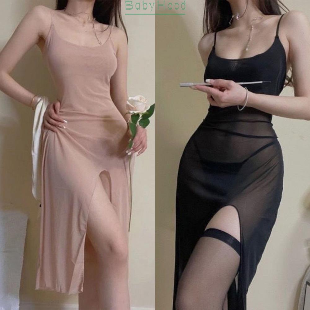【Big Discounts】Womens See Through Sleeveless High Slit Bodycon Mini Dress Lingerie Sleepwear#BBHOOD
