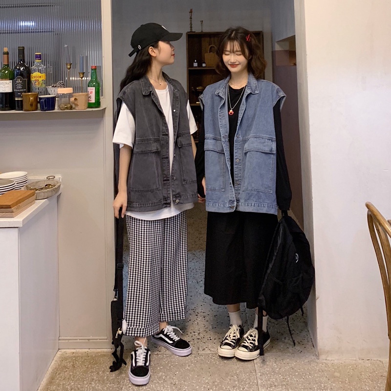 |Size L đến 5XL| Áo Jeans Gile Denim Unisex Form rộng phong cách Hàn Quốc màu khói Big Size, áo khoác jean