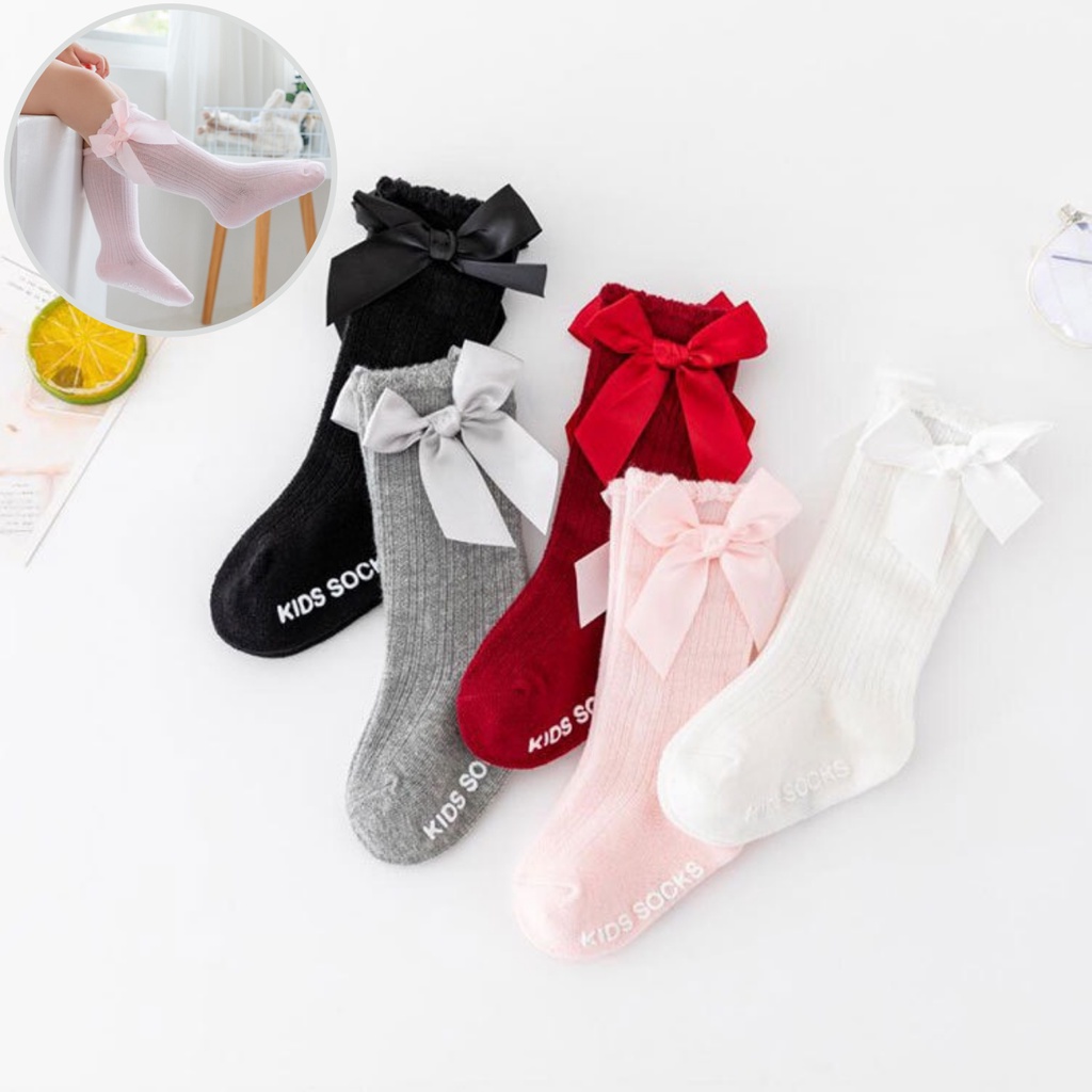 Tất vớ bốt cổ cao đính nơ KIDS SOCKS cho bé gái phong cách Hàn Quốc dễ