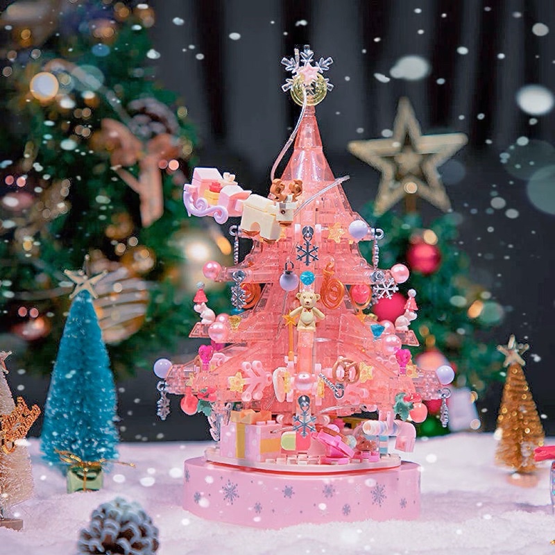 Đồ chơi lắp ráp Hộp Nhạc Cây Thông Noel Màu Hồng Crystal Christmas mảnh ghép trong suốt kèm đèn led Sembo blocks