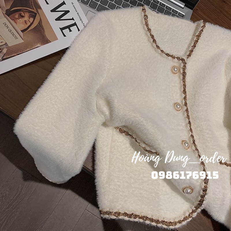 Áo Khoác Cardigan Len Nữ Giả Dạ Tweed Cổ Tròn Viền Kim Tuyến Cúc Ngọc Dài Tay Hàng Quảng Châu Phong Cách Hàn Quốc