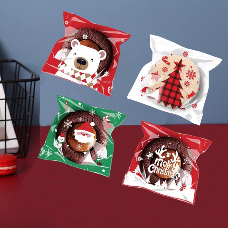 Set 100 Túi OPP Tự Dính In Họa Tiết Hoạt Hình Đựng Bánh Kẹo Giáng Sinh