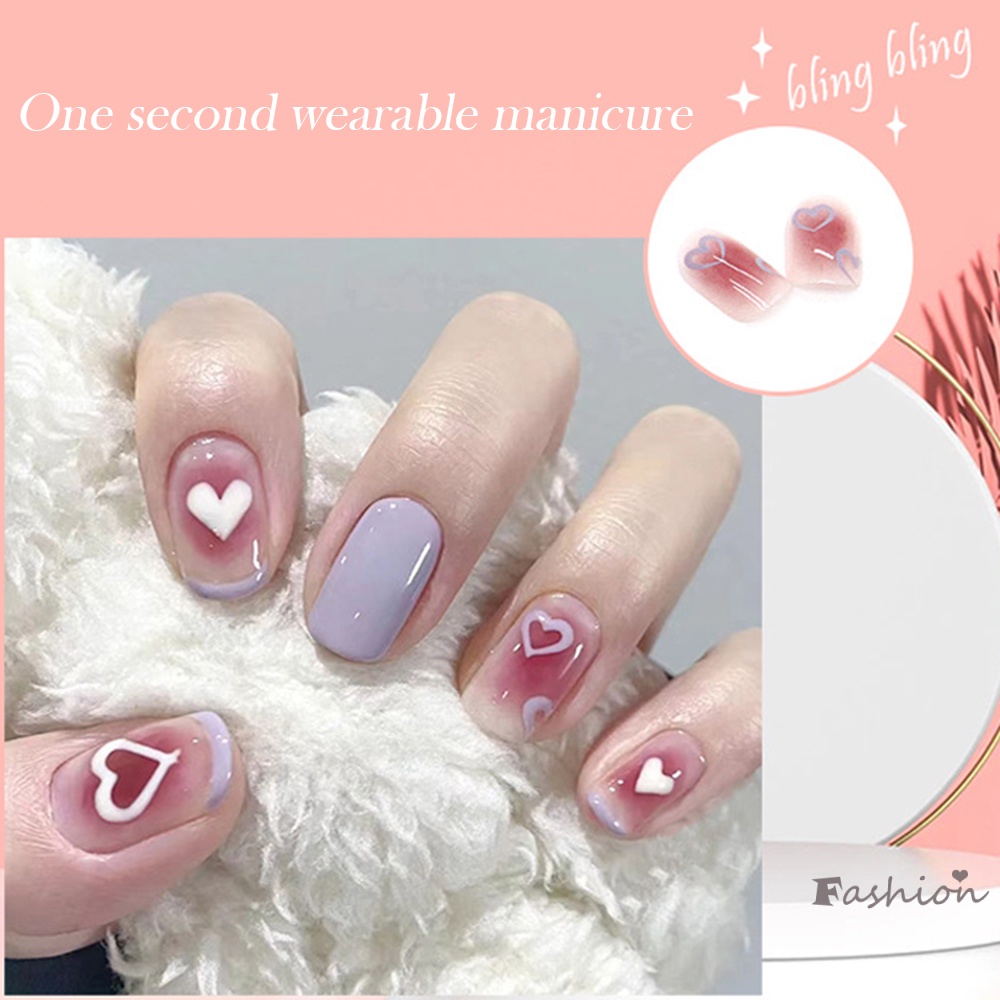 Bộ Móng Tay Giả Ngắn Bằng Acrylic Bóng Màu Xanh Dương Phong Cách Pháp Thời Trang Cho Nữ