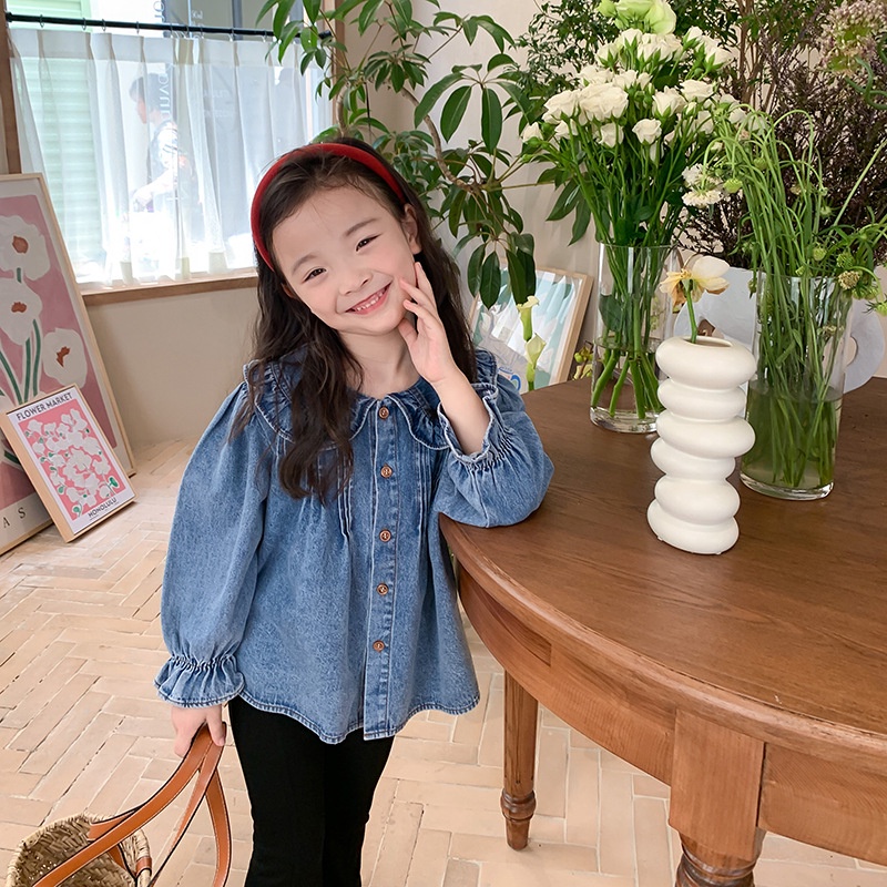 Áo sơ mi bò bé gái, áo dài tay viền bèo xinh xắn cho bé từ 1 đến 8 tuổi