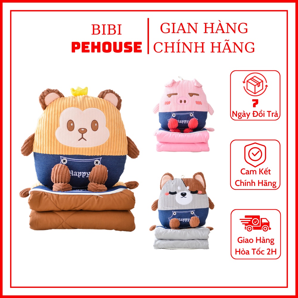 Chăn gối ngủ văn phòng hình thú đa năng gấp gọn chất liệu vải nhung mềm mịn bibi shop