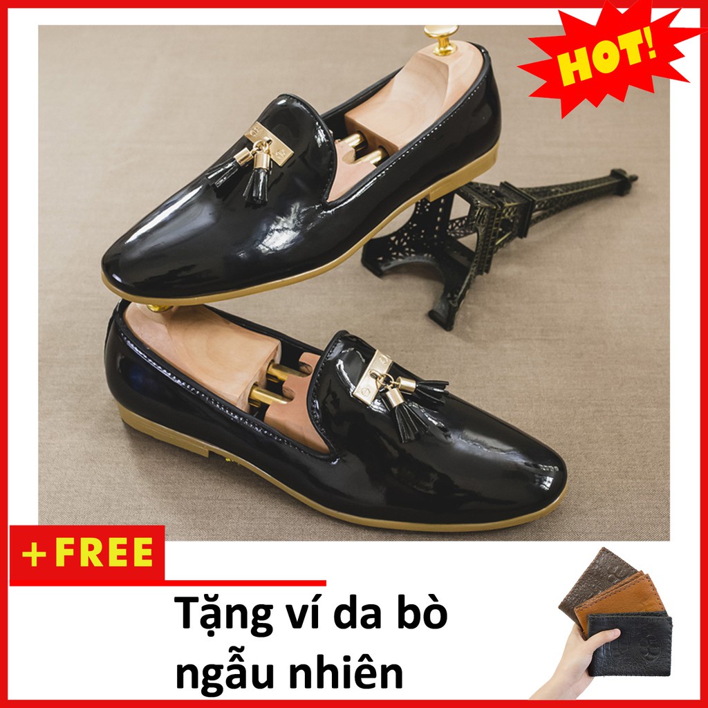🇾🇹 Giày Lười Nam Đẹp Đế Khâu Chuông Vàng Da Bóng Màu Đen Phong Cách Hàn Quốc - M124-BONG + V tặng ví