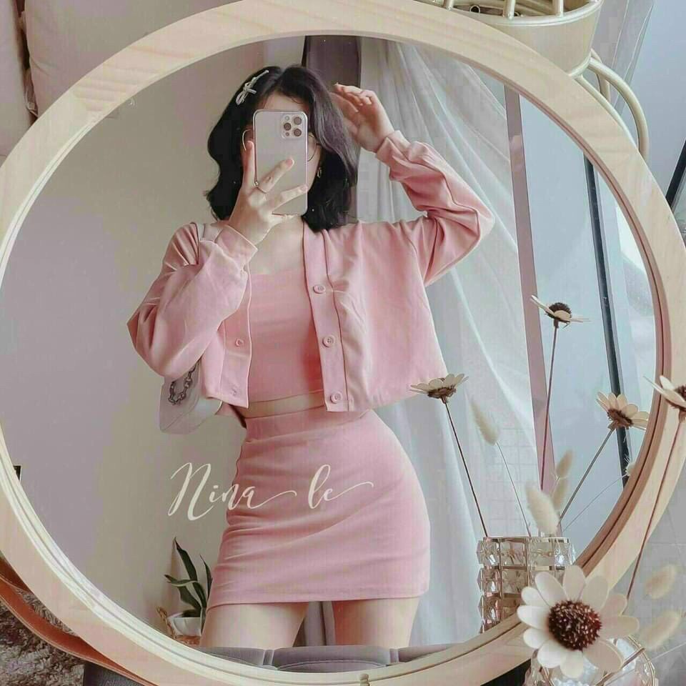 [11.11 Sale Freeship] Set tiểu thư nữ 3 món,chất thun dày dặn áo hai dây phối chân váy chữ A kèm áo khoác dài cực xinh