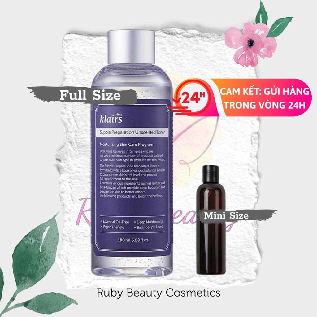 Nước Hoa Hồng Không Mùi Dành Cho Da Nhạy Cảm Klairs Supple Preparation Unscented Toner 180ml hàng Hàn chính hãng