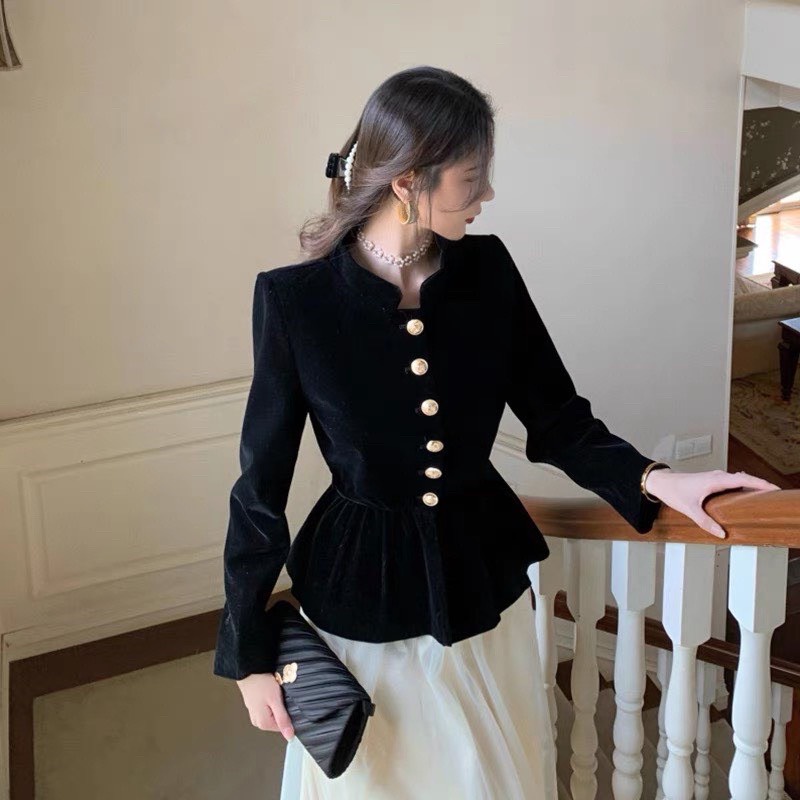 Áo sơmi nhung cổ tàu khuy đồng phong cách tiểu thư sang chảnh