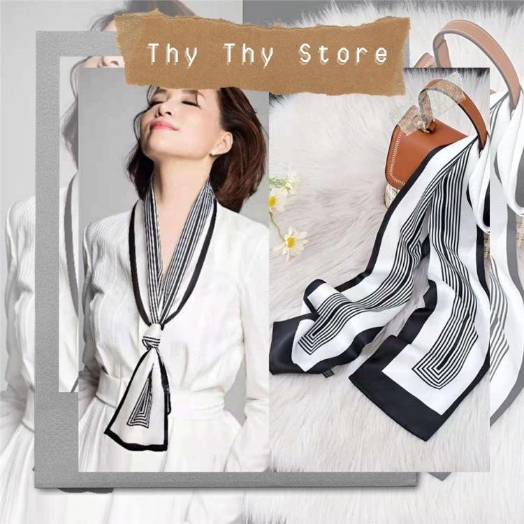 Khăn chữ nhật sọc đen trắng trẻ trung thời trang THY THY STORE 15X150cm chất lụa đẹp