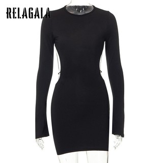 RelaGala Đầm hở lưng dài tay cổ tròn màu trơn thời trang dành cho nữ
