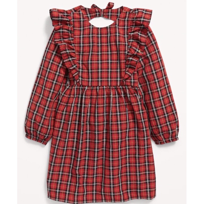 Váy bé gái kẻ đỏ dài tay cổ tròn săn sale Us sz từ 18-24m đến 3 tuổi
