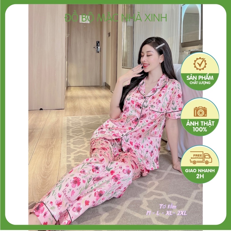 Đồ Bộ Pizama⚡️ẢNH SHOP CHỤP⚡️ lụa Latin quần dài tay cộc hoạ tiết hoa có size 9 SIÊU HOT 2022
