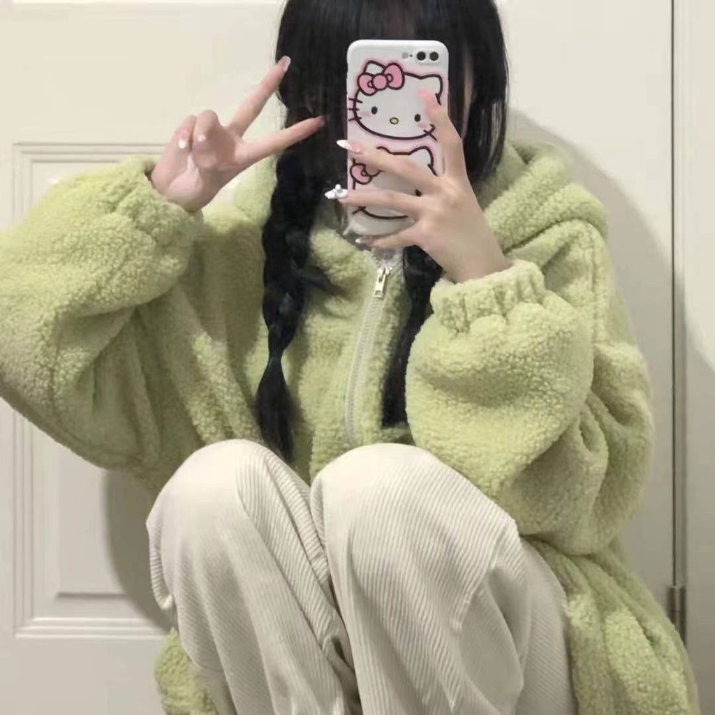 Màu xanh lá cây mùa thu và mùa đông có mũ trùm đầu lông cừu mới áo khoác rộng rãi áo len cardigan