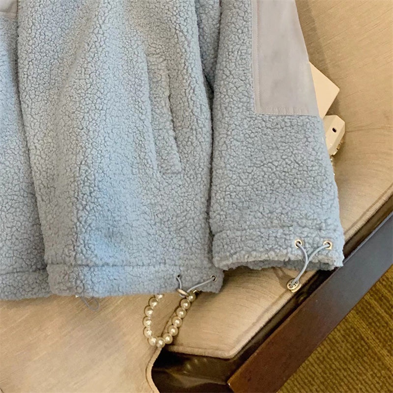 Áo Khoác Cardigan Cotton Lót Lông Cừu Dày Dặn Màu Xanh Sữa Phong Cách Hàn Quốc Thời Trang Mùa Đông Cho Cặp Đôi