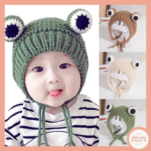 Mũ len con ếch cho bé trai bé gái cực dễ thương ấm ấp Nấm Kids 3 màu xanh, kem, nâu