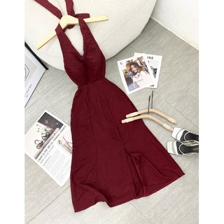 Đầm maxi đỏ cổ yếm nơ lưng