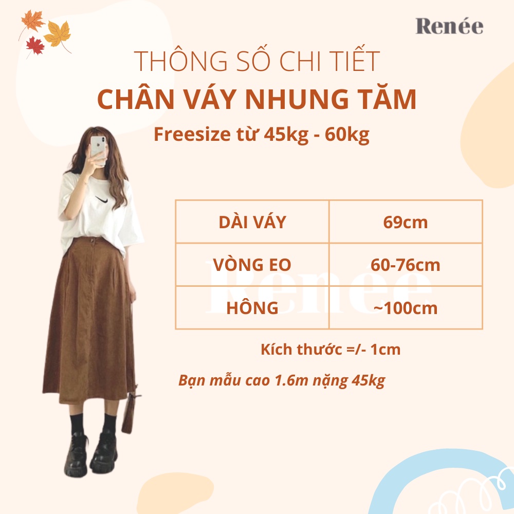 Chân váy dài nhung tăm Renee váy chữ a lưng chun 3 màu vintage - V178