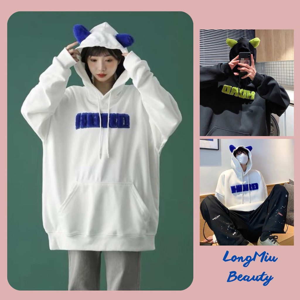 Áo Hoodie Chất Nỉ Unisex Tai Gấu Dáng Thụng 2 Màu Nam Nữ Áo Khoác Nỉ Mũ Trùm Đầu Hình Cute Form rộng (Có ảnh thật)