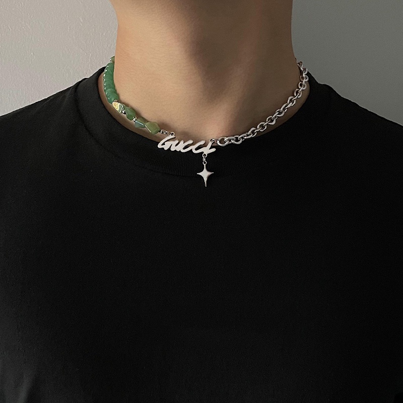 Vòng cổ Thép Titan Đính Đá Ngọc Bích Phong Cách Harajuku Sang Trọng