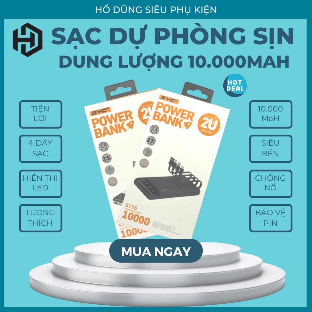 Sạc dự phòng Power Bank 10.000 mAh , Sạc nhanh kèm theo 4 dây sạc liền đa năng kèm 3 cổng cắm dành cho điện thoại